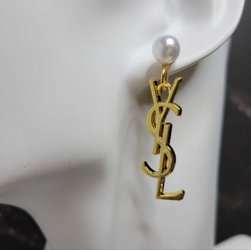 YSL Pearl Gold 1.75" Zip Pull Earings